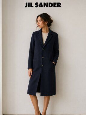 Jil Sander Wool Coat Size 48 Navy Blue Italy Minimalist Luxury Overcoat
